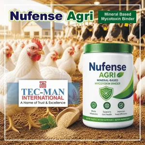 Nufense Agri mineral-based mycotoxin binder container on a farm scene with chickens and Tec-Man International logo in the foreground.